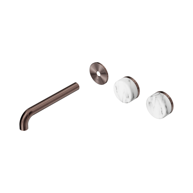 An image of Nero Tapware's Serenity Wall Basin Set 185mm Offset Spout With Arabescato Corchia Handle Trim Kit Only Brushed Bronze