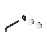 An image of Nero Tapware's Serenity Wall Basin Set 185mm Offset Spout With Arabescato Corchia Handle Trim Kit Only Matt Black