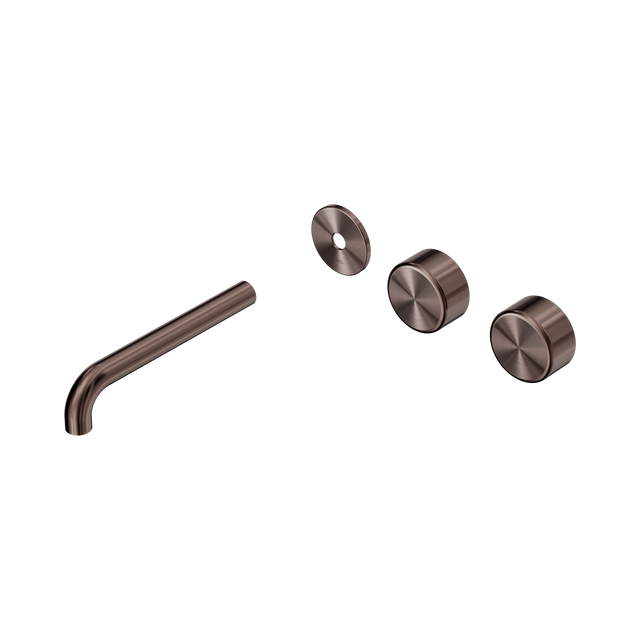 An image of Nero Tapware's Serenity Wall Basin Set 185mm Offset Spout With Metal Handle Trim Kit Only Brushed Bronze