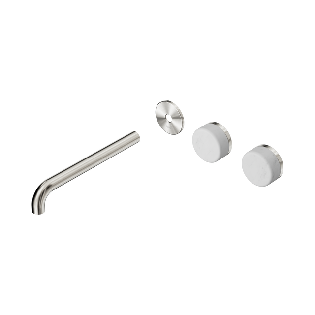 An image of Nero Tapware's Serenity Wall Basin Set 220mm Offset Spout With Carrara Handle Trim Kit Only Brushed Nickel