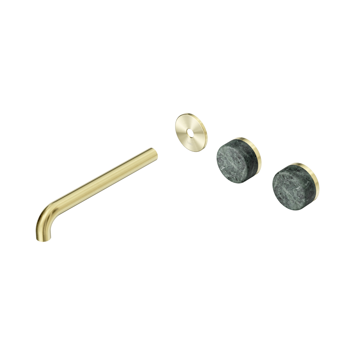 An image of Nero Tapware's Serenity Wall Basin Set 220mm Offset Spout With Verde Alpi Handle Trim Kit Only Brushed Gold