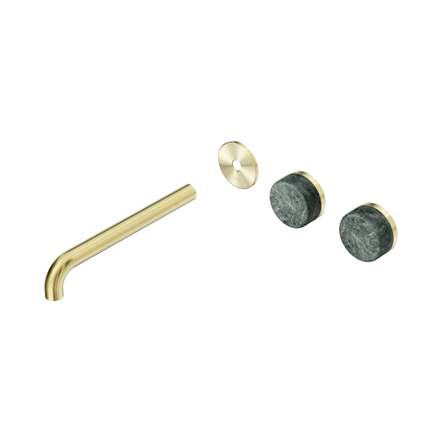 An image of Nero Tapware's Serenity Wall Basin Set 220mm Offset Spout With Verde Alpi Handle Trim Kit Only Brushed Gold