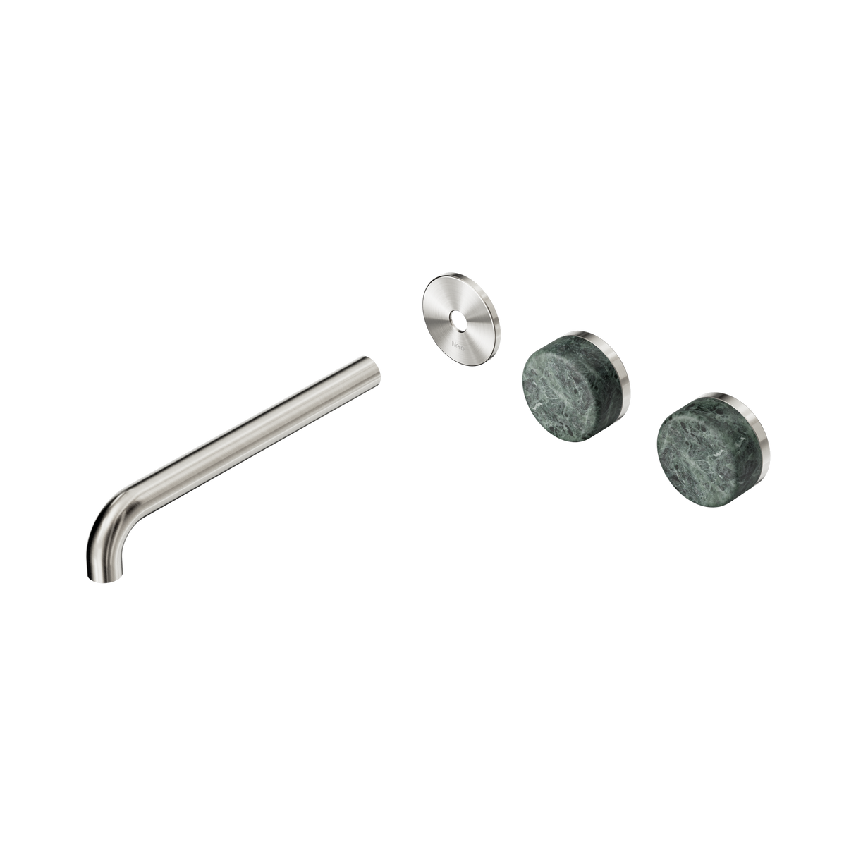 An image of Nero Tapware's Serenity Wall Basin Set 220mm Offset Spout With Verde Alpi Handle Trim Kit Only Brushed Nickel