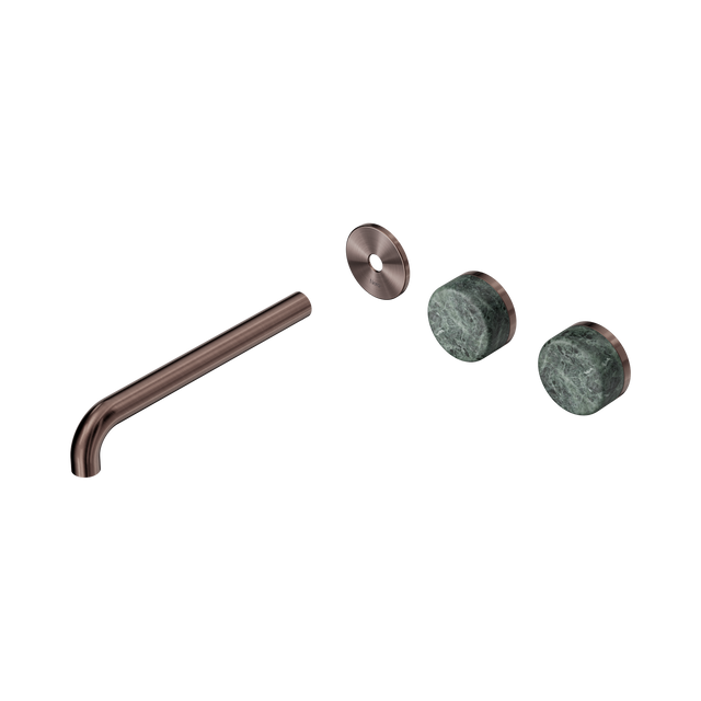 An image of Nero Tapware's Serenity Wall Basin Set 220mm Offset Spout With Verde Alpi Handle Trim Kit Only Brushed Bronze