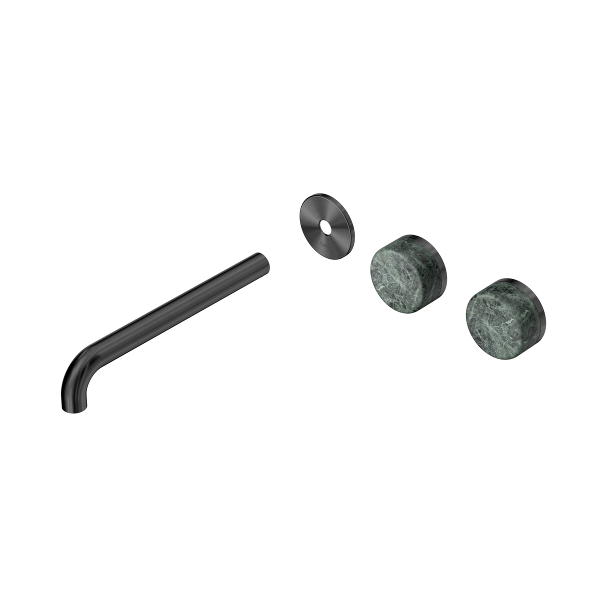 An image of Nero Tapware's Serenity Wall Basin Set 220mm Offset Spout With Verde Alpi Handle Trim Kit Only Gun Metal