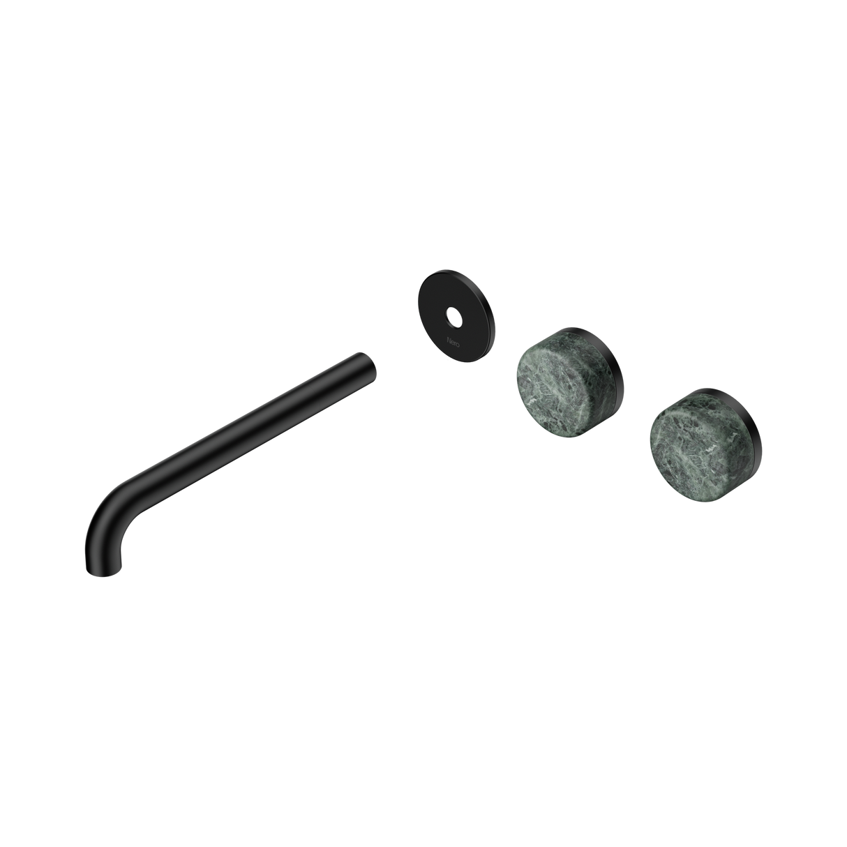 An image of Nero Tapware's Serenity Wall Basin Set 220mm Offset Spout With Verde Alpi Handle Trim Kit Only Matt Black
