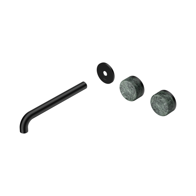 An image of Nero Tapware's Serenity Wall Basin Set 220mm Offset Spout With Verde Alpi Handle Trim Kit Only Matt Black