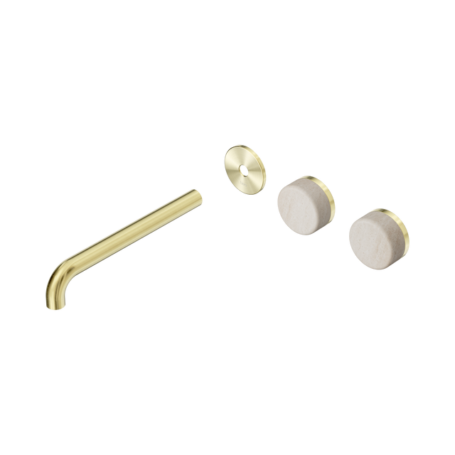 An image of Nero Tapware's Serenity Wall Basin Set 220mm Offset Spout With Rome Travertine Handle Trim Kit Only Brushed Gold