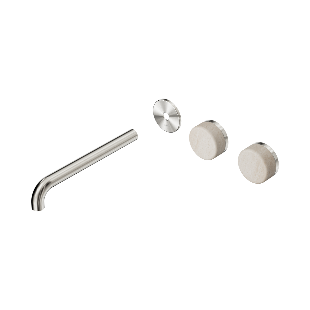 An image of Nero Tapware's Serenity Wall Basin Set 220mm Offset Spout With Rome Travertine Handle Trim Kit Only Brushed Nickel