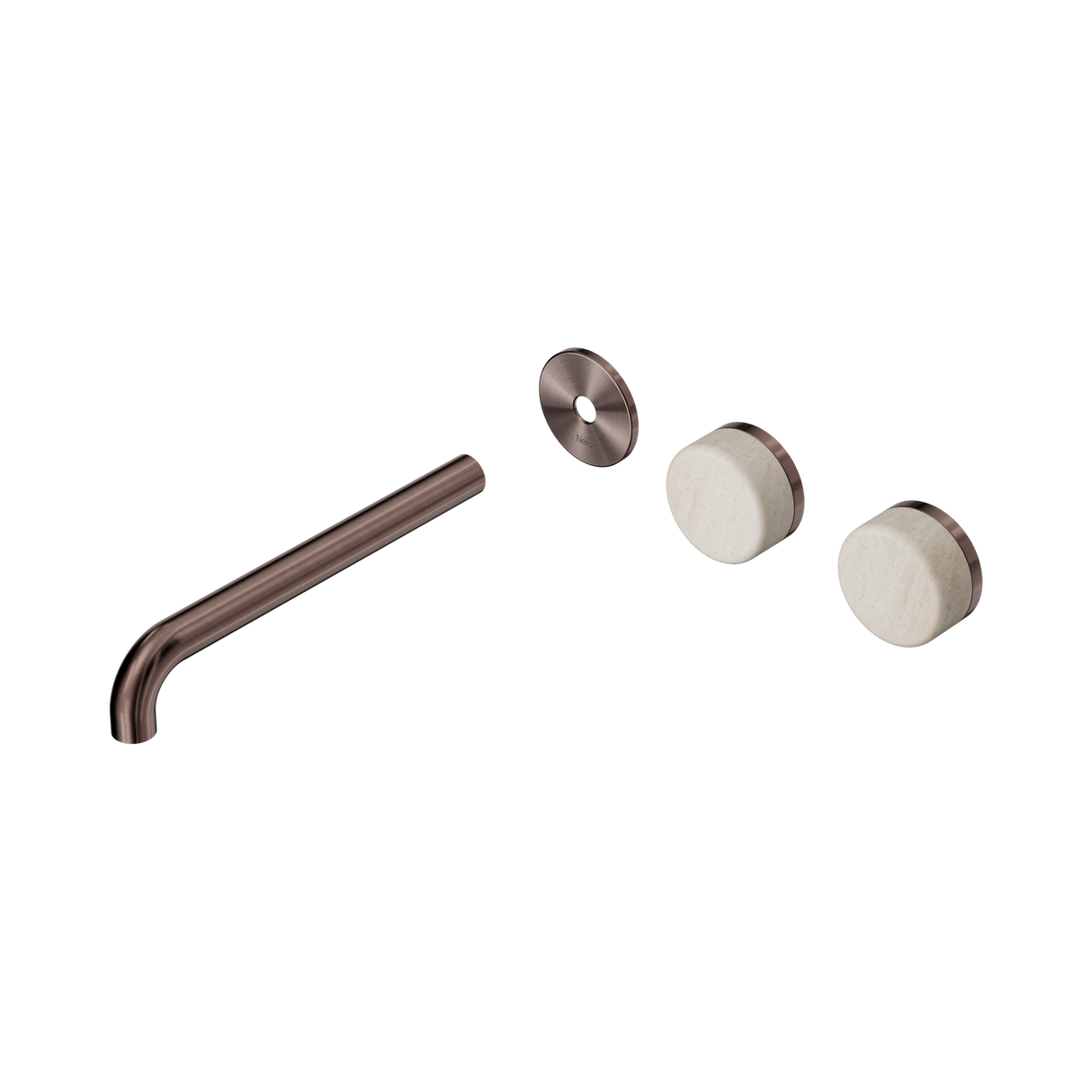 An image of Nero Tapware's Serenity Wall Basin Set 220mm Offset Spout With Rome Travertine Handle Trim Kit Only Brushed Bronze