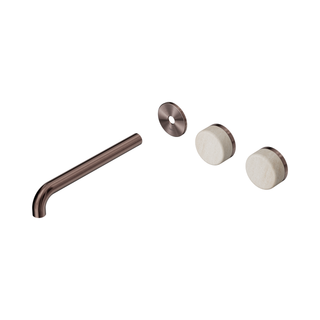 An image of Nero Tapware's Serenity Wall Basin Set 220mm Offset Spout With Rome Travertine Handle Trim Kit Only Brushed Bronze