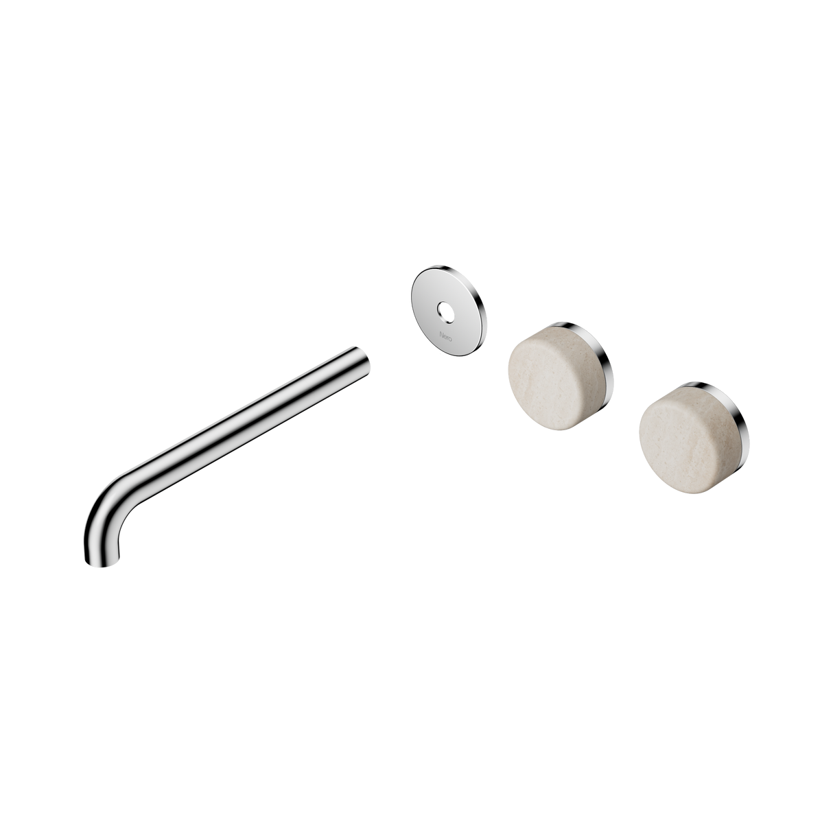 An image of Nero Tapware's Serenity Wall Basin Set 220mm Offset Spout With Rome Travertine Handle Trim Kit Only Chrome