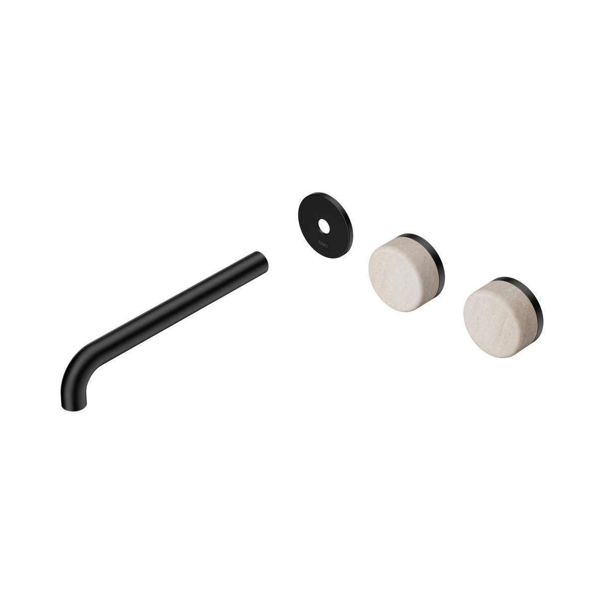 An image of Nero Tapware's Serenity Wall Basin Set 220mm Offset Spout With Rome Travertine Handle Trim Kit Only Matt Black