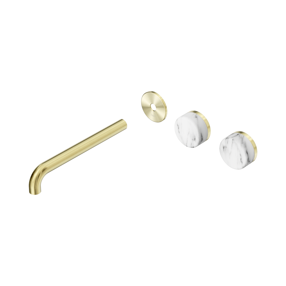 An image of Nero Tapware's Serenity Wall Basin Set 220mm Offset Spout With Arabescato Corchia Handle Trim Kit Only Brushed Gold