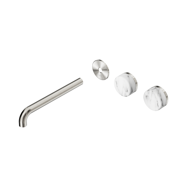 An image of Nero Tapware's Serenity Wall Basin Set 220mm Offset Spout With Arabescato Corchia Handle Trim Kit Only Brushed Nickel