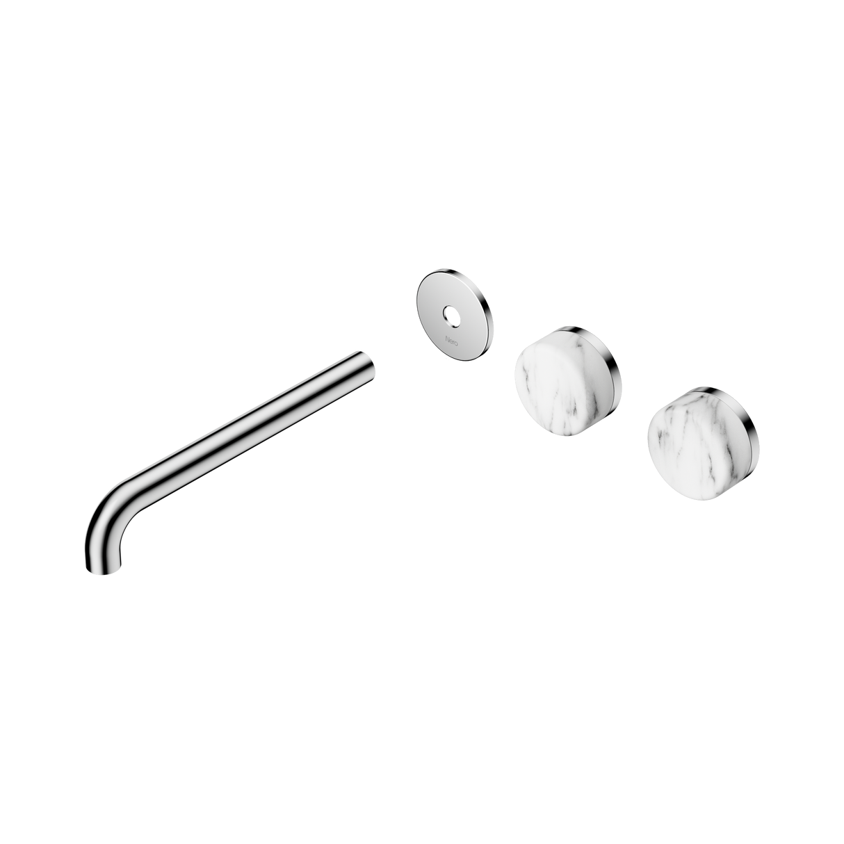 An image of Nero Tapware's Serenity Wall Basin Set 220mm Offset Spout With Arabescato Corchia Handle Trim Kit Only Chrome