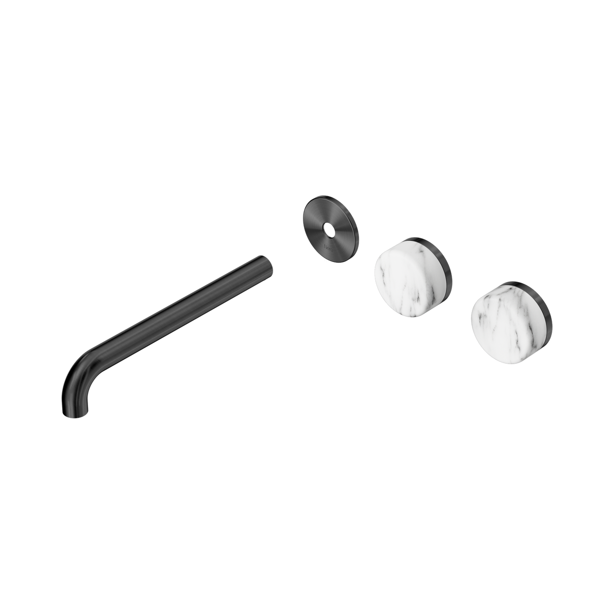 An image of Nero Tapware's Serenity Wall Basin Set 220mm Offset Spout With Arabescato Corchia Handle Trim Kit Only Gun Metal