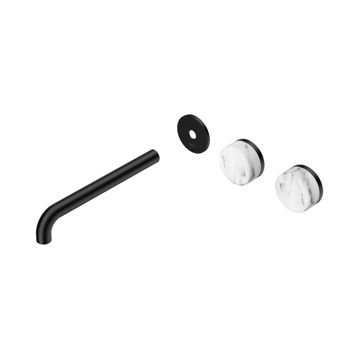 An image of Nero Tapware's Serenity Wall Basin Set 220mm Offset Spout With Arabescato Corchia Handle Trim Kit Only Matt Black