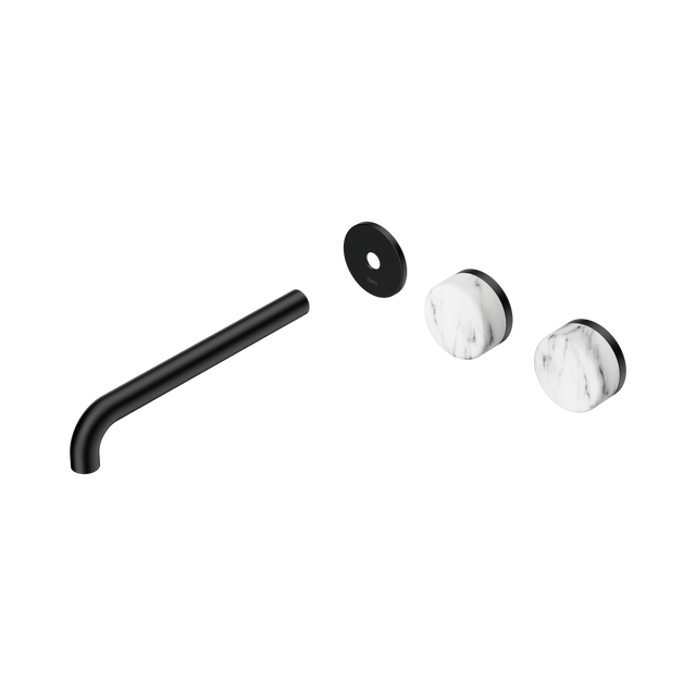 An image of Nero Tapware's Serenity Wall Basin Set 220mm Offset Spout With Arabescato Corchia Handle Trim Kit Only Matt Black
