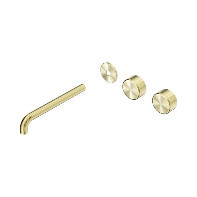 An image of Nero Tapware's Serenity Wall Basin Set 220mm Offset Spout With Metal Handle Trim Kit Only Brushed Gold