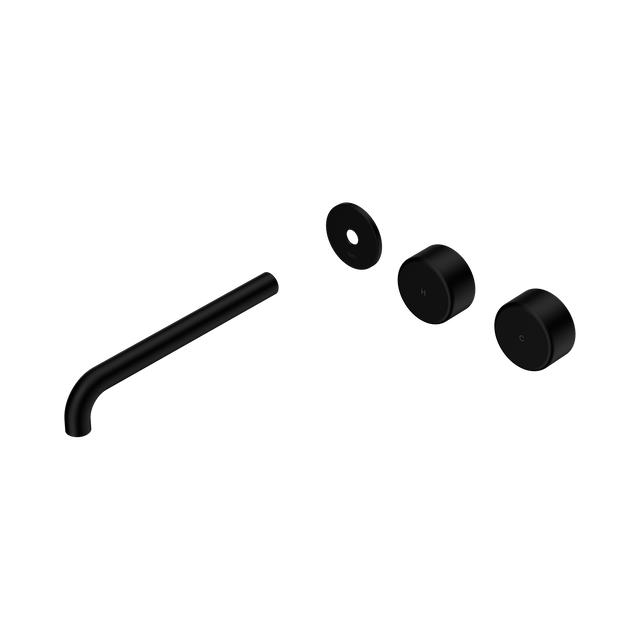 An image of Nero Tapware's Serenity Wall Basin Set 220mm Offset Spout With Metal Handle Trim Kit Only Matt Black