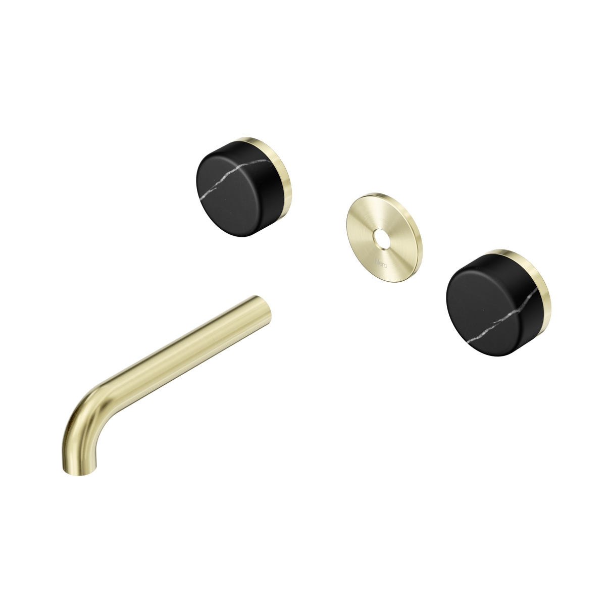 An image of Nero Tapware's Serenity Wall Basin Set 160mm Spout With Marquina Black Handle Trim Kit Only Brushed Gold
