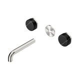An image of Nero Tapware's Serenity Wall Basin Set 160mm Spout With Marquina Black Handle Trim Kit Only Brushed Nickel