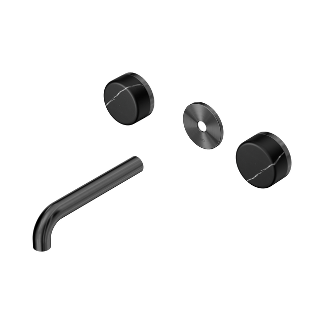 An image of Nero Tapware's Serenity Wall Basin Set 160mm Spout With Marquina Black Handle Trim Kit Only Gun Metal
