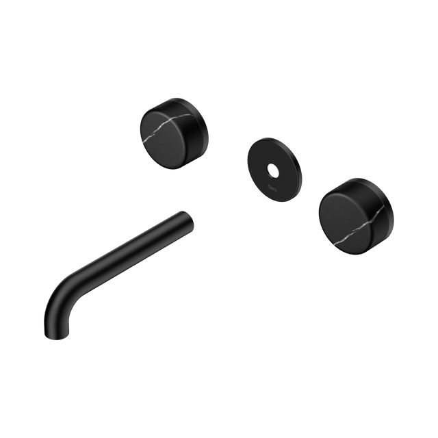 An image of Nero Tapware's Serenity Wall Basin Set 160mm Spout With Marquina Black Handle Trim Kit Only Matt Black