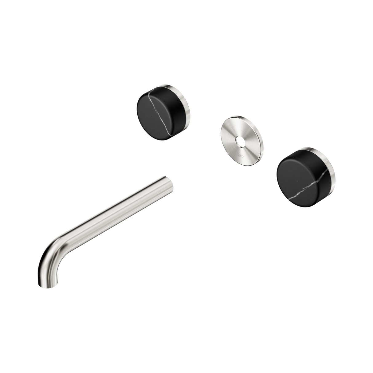 An image of Nero Tapware's Serenity Wall Basin Set 185mm Spout With Marquina Black Handle Trim Kit Only Brushed Nickel