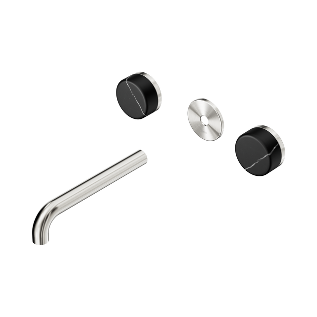 An image of Nero Tapware's Serenity Wall Basin Set 185mm Spout With Marquina Black Handle Trim Kit Only Brushed Nickel