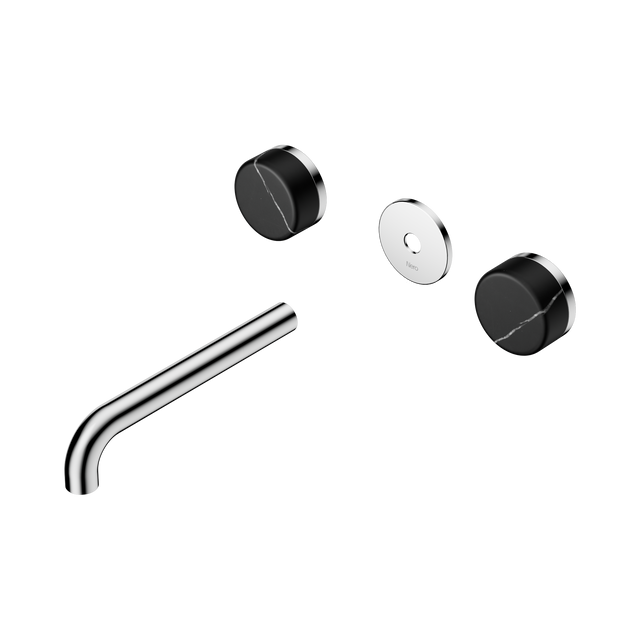 An image of Nero Tapware's Serenity Wall Basin Set 185mm Spout With Marquina Black Handle Trim Kit Only Chrome