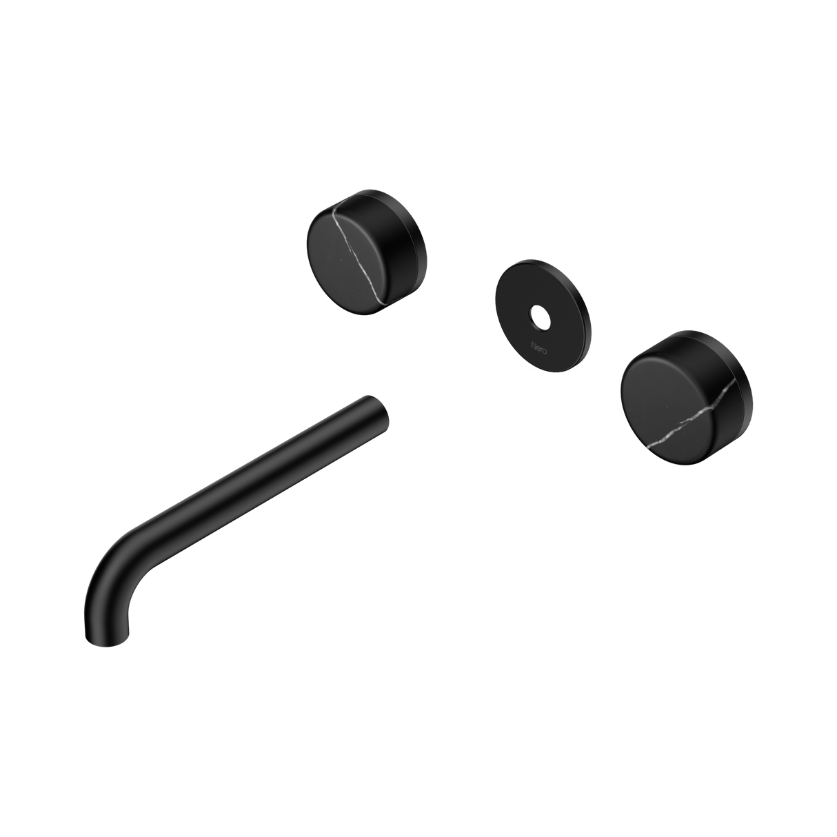 An image of Nero Tapware's Serenity Wall Basin Set 185mm Spout With Marquina Black Handle Trim Kit Only Matt Black