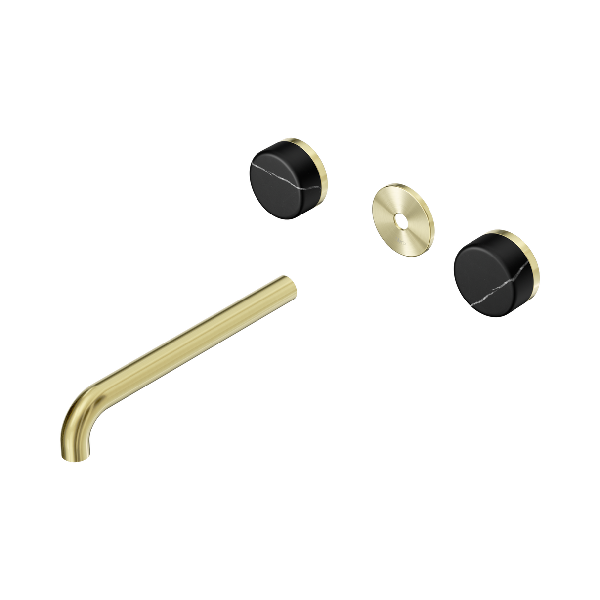 An image of Nero Tapware's Serenity Wall Basin Set 220mm Spout With Marquina Black Handle Trim Kit Only Brushed Gold