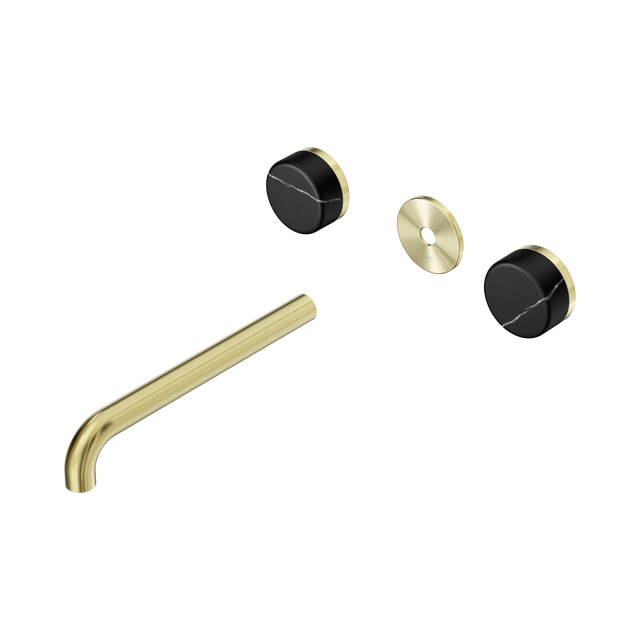 An image of Nero Tapware's Serenity Wall Basin Set 220mm Spout With Marquina Black Handle Trim Kit Only Brushed Gold