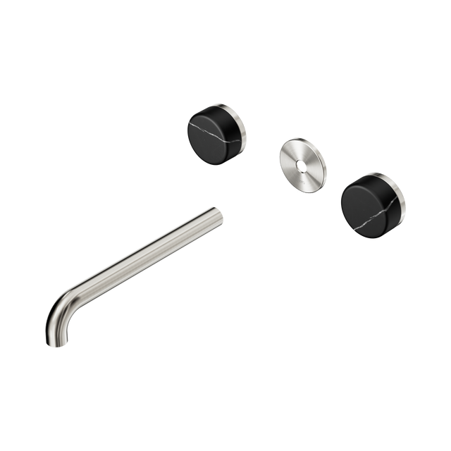 An image of Nero Tapware's Serenity Wall Basin Set 220mm Spout With Marquina Black Handle Trim Kit Only Brushed Nickel