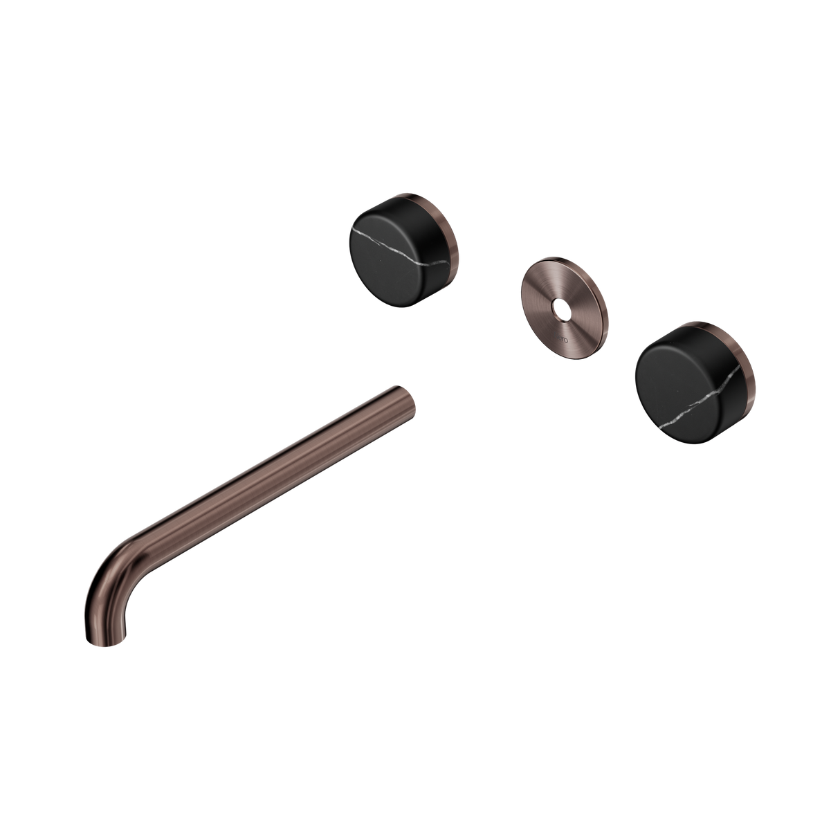 An image of Nero Tapware's Serenity Wall Basin Set 220mm Spout With Marquina Black Handle Trim Kit Only Brushed Bronze