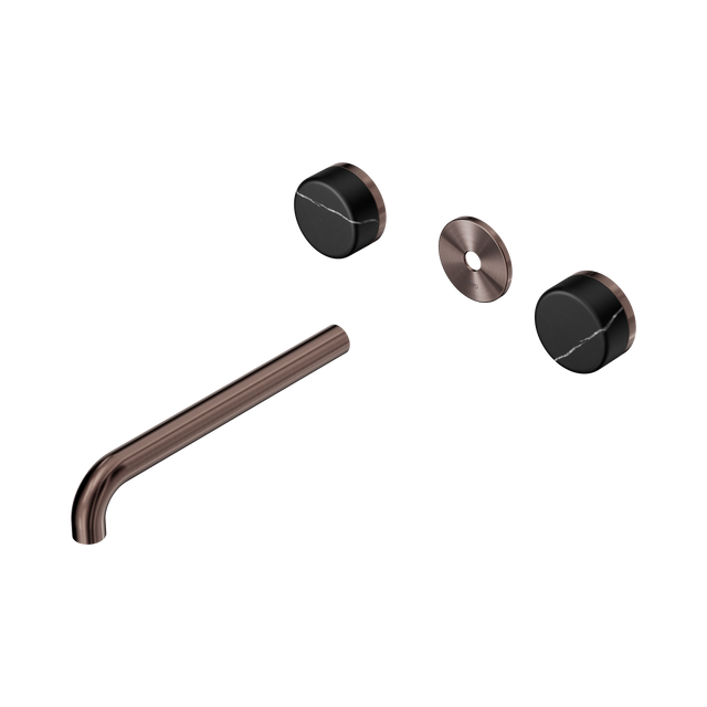 An image of Nero Tapware's Serenity Wall Basin Set 220mm Spout With Marquina Black Handle Trim Kit Only Brushed Bronze