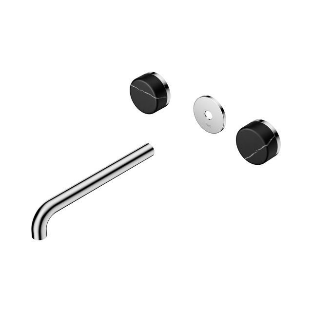 An image of Nero Tapware's Serenity Wall Basin Set 220mm Spout With Marquina Black Handle Trim Kit Only Chrome