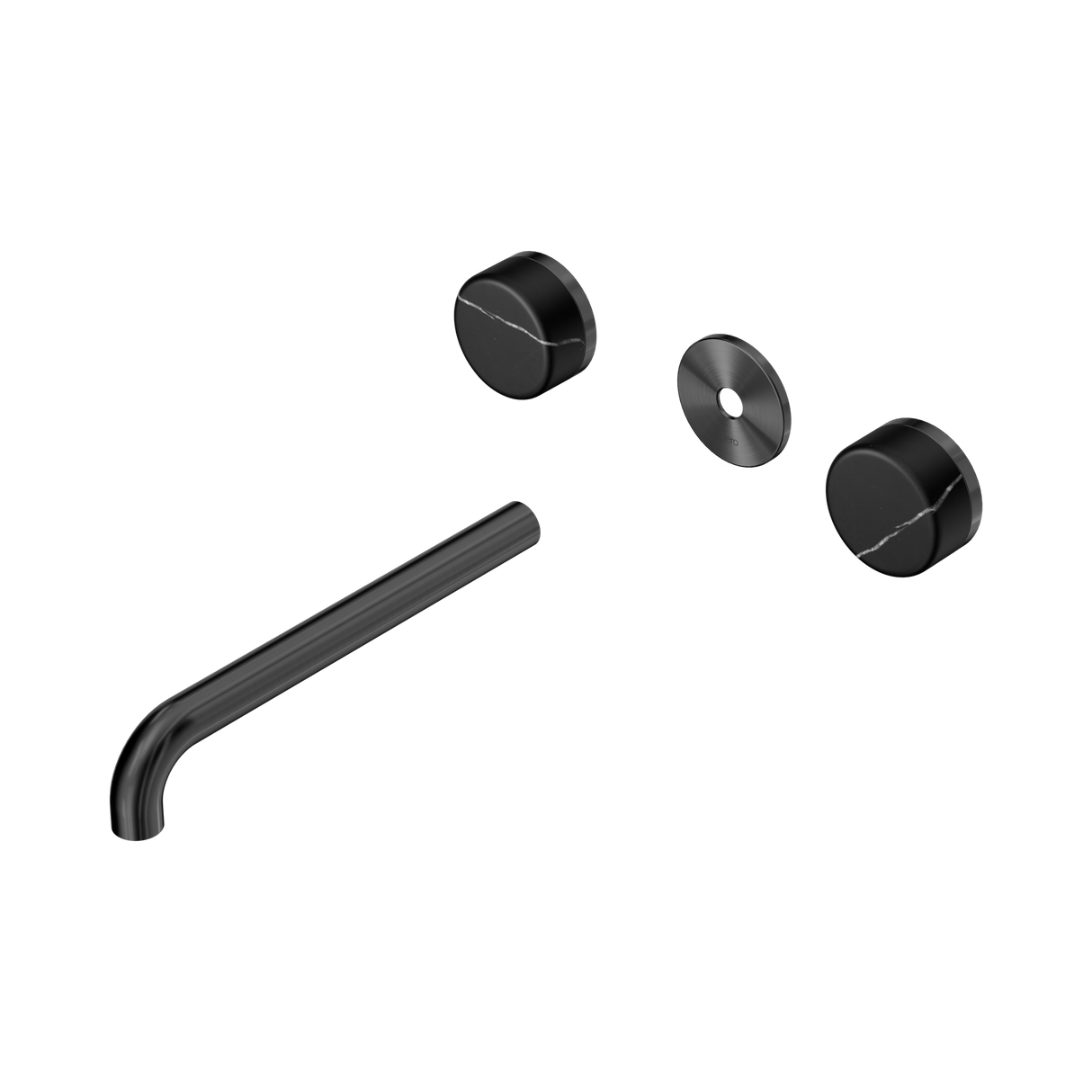 An image of Nero Tapware's Serenity Wall Basin Set 220mm Spout With Marquina Black Handle Trim Kit Only Gun Metal