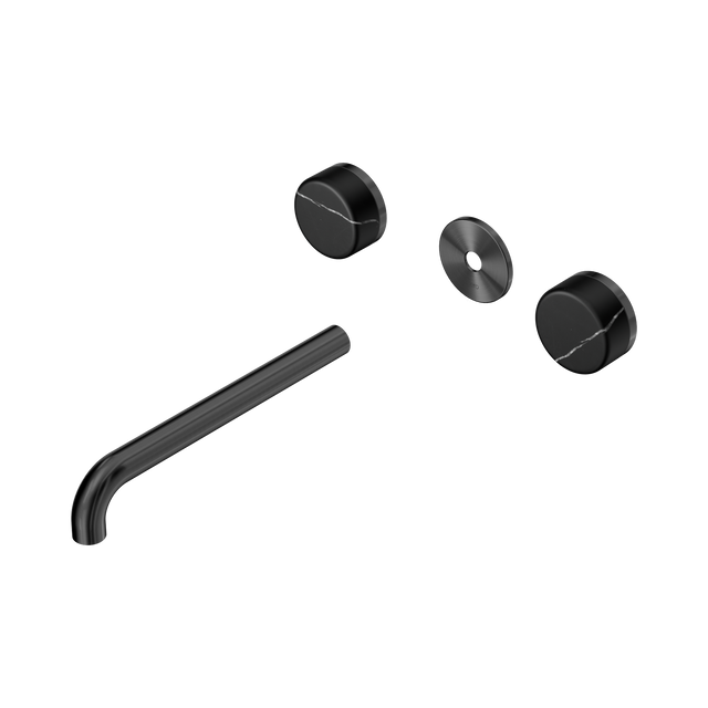 An image of Nero Tapware's Serenity Wall Basin Set 220mm Spout With Marquina Black Handle Trim Kit Only Gun Metal