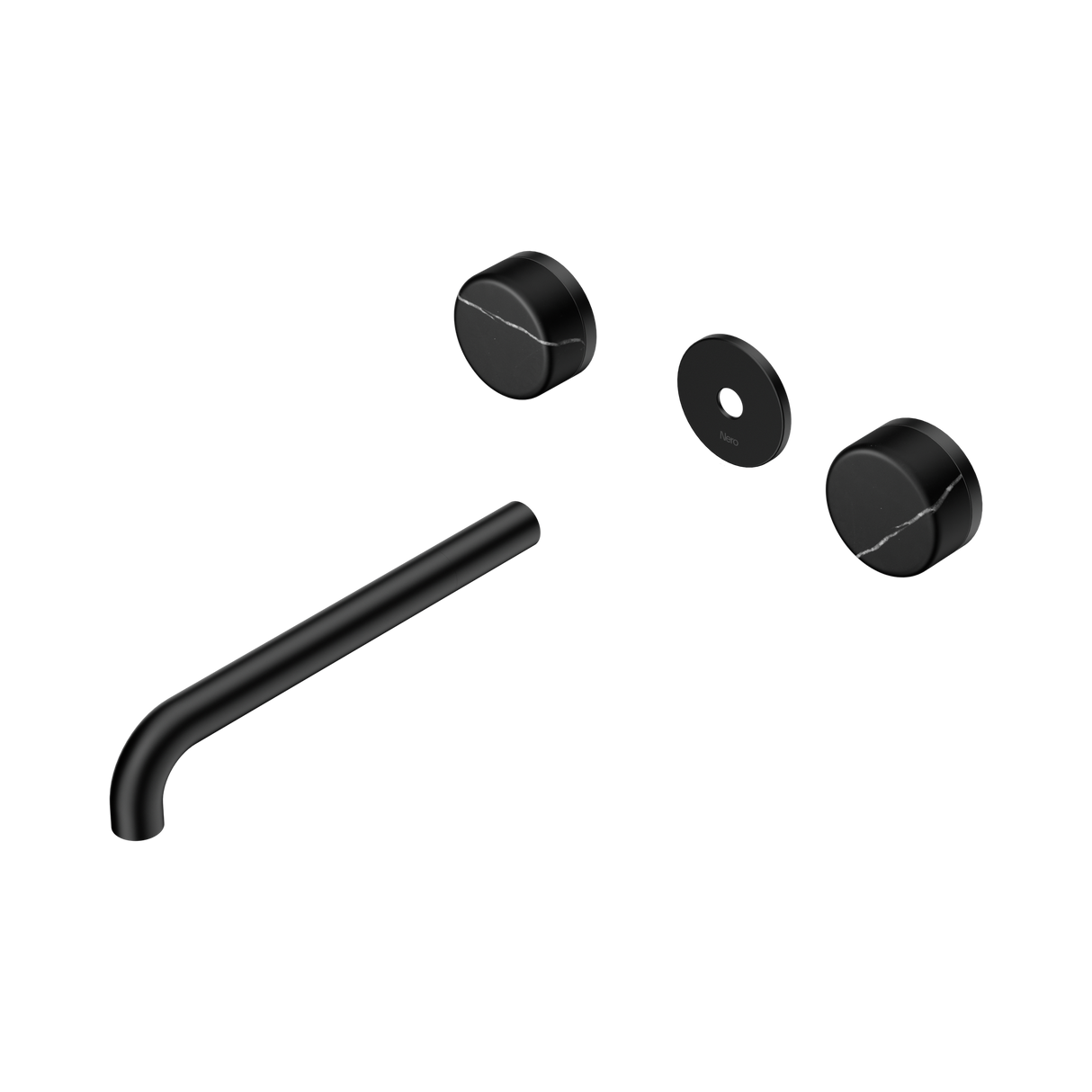 An image of Nero Tapware's Serenity Wall Basin Set 220mm Spout With Marquina Black Handle Trim Kit Only Matt Black
