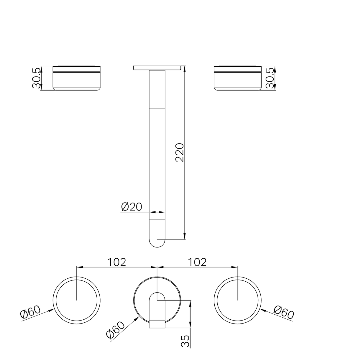 A line drawing of Nero Tapware's Serenity Wall Basin Set 220mm Spout With Marquina Black Handle Trim Kit Only Gun Metal