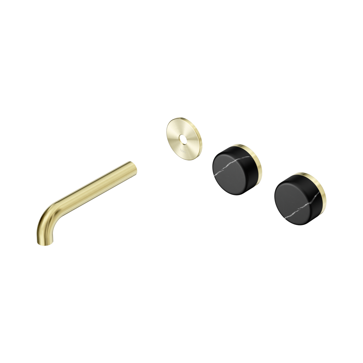 An image of Nero Tapware's Serenity Wall Basin Set 160mm Offset Spout With Marquina Black Handle Trim Kit Only Brushed Gold
