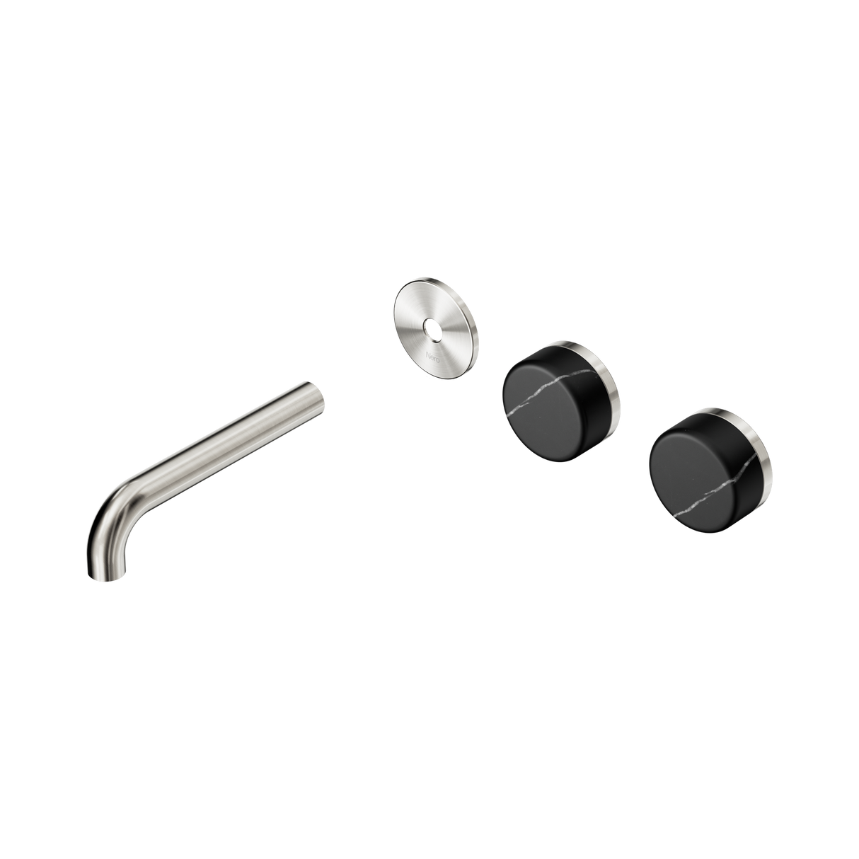 An image of Nero Tapware's Serenity Wall Basin Set 160mm Offset Spout With Marquina Black Handle Trim Kit Only Brushed Nickel