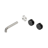 An image of Nero Tapware's Serenity Wall Basin Set 160mm Offset Spout With Marquina Black Handle Trim Kit Only Brushed Nickel