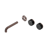 An image of Nero Tapware's Serenity Wall Basin Set 160mm Offset Spout With Marquina Black Handle Trim Kit Only Brushed Bronze