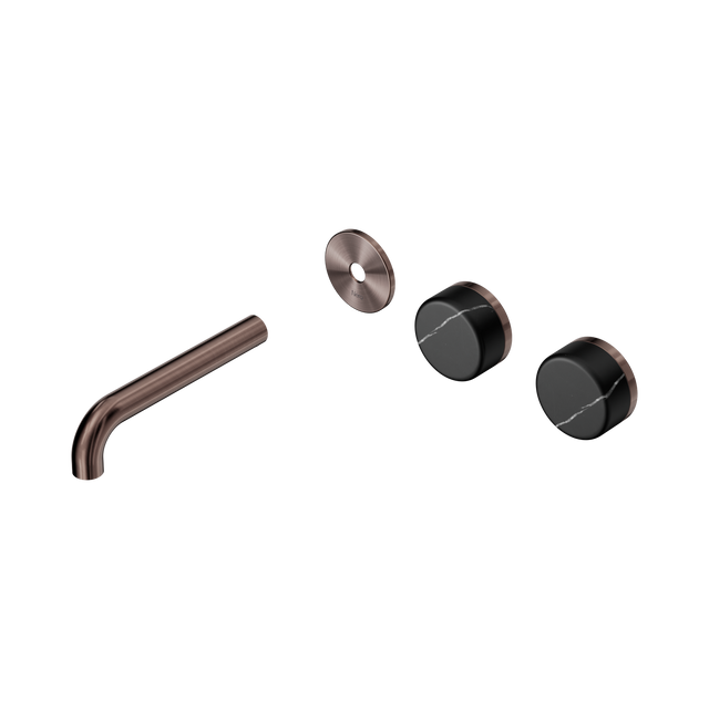 An image of Nero Tapware's Serenity Wall Basin Set 160mm Offset Spout With Marquina Black Handle Trim Kit Only Brushed Bronze
