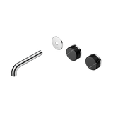 An image of Nero Tapware's Serenity Wall Basin Set 160mm Offset Spout With Marquina Black Handle Trim Kit Only Chrome