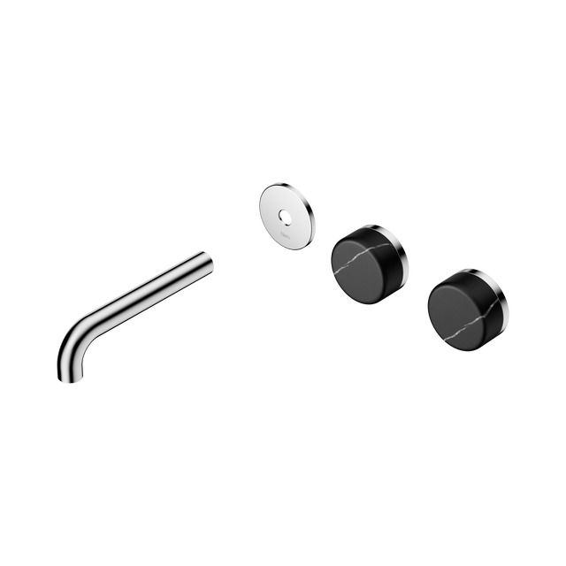 An image of Nero Tapware's Serenity Wall Basin Set 160mm Offset Spout With Marquina Black Handle Trim Kit Only Chrome